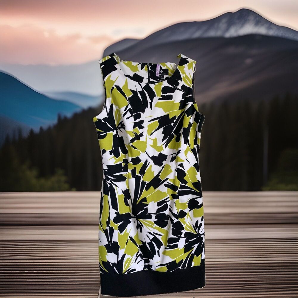 Ronni Nicole Dress 12 Floral Black Pea Green Back Zip Sleeveless Stretch A-line